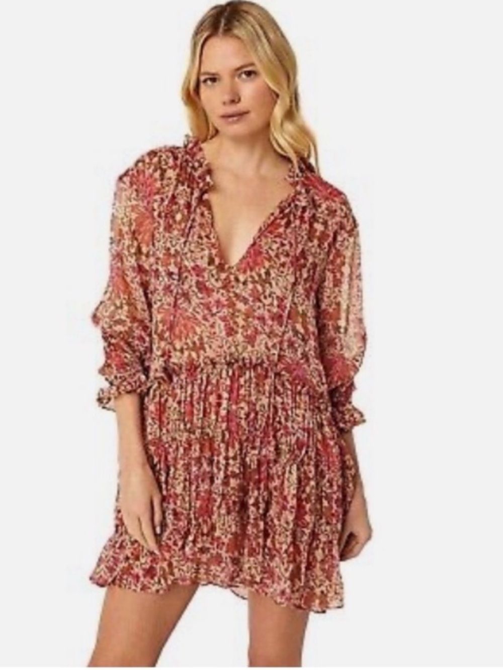 Misa Los Angeles Llanit Chiffon Floral Tie-Neck Tiered Swing Dress Pink Brown XS - Picture 9 of 13